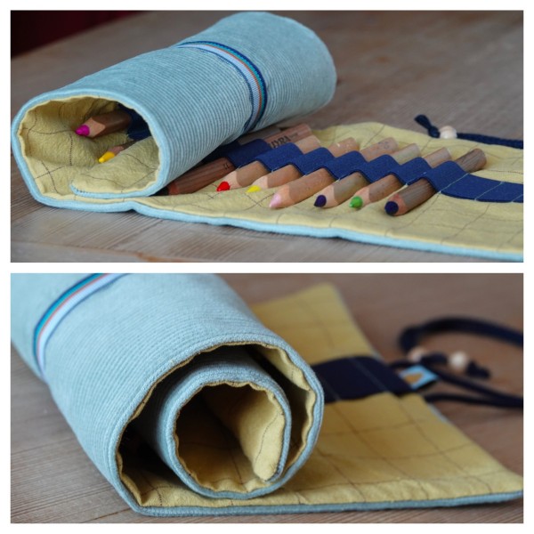 Buntstiftemäppchen Cord/Leinen, Staub Aqua/Olivgelb