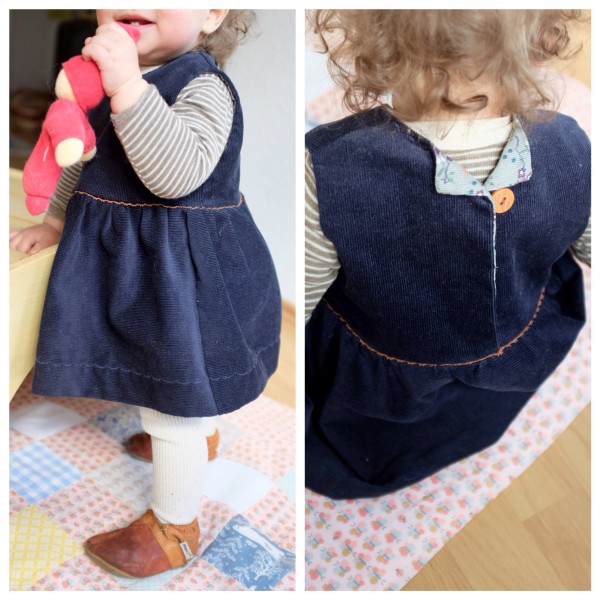 Cord-Kleid / Dunkelblau mit geblümtem Futter