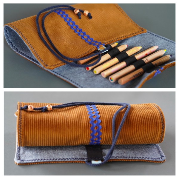 Buntstiftemäppchen Cord, Goldbraun/Jeans