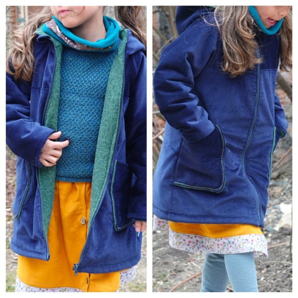 Jacke Cord/Wollwalk, Blau/Waldgrün